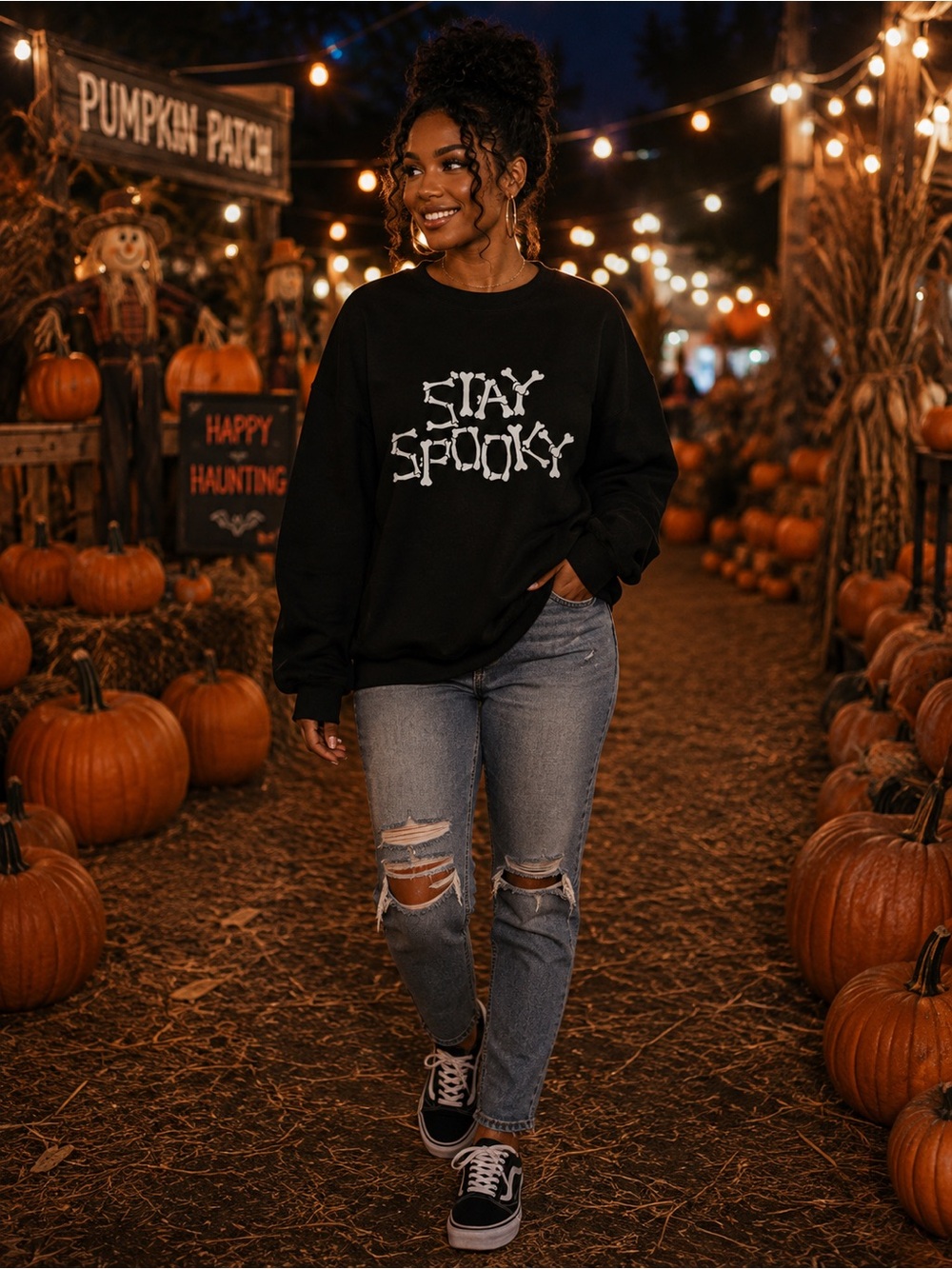 Plus Size Halloween Stay Spooky Bone Graphic Sweatshirt - Picture 4 of 5